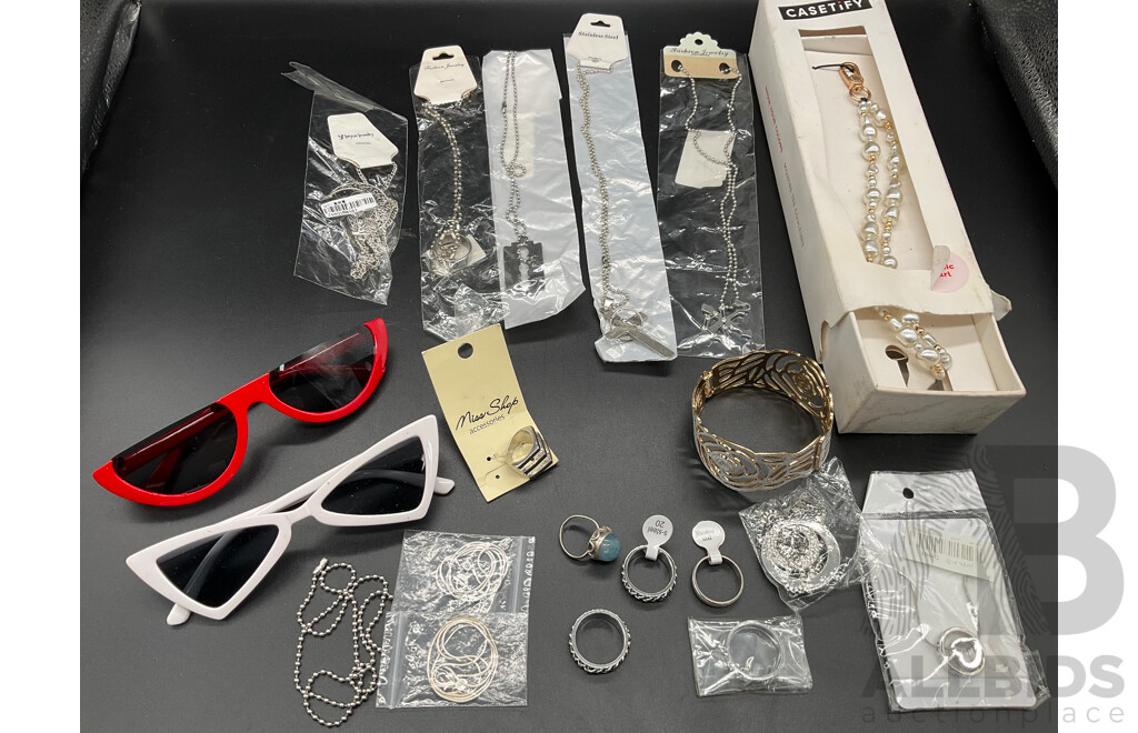 Assorted Costume Jewellery,  Phone Charm Strap, Stainless Steel Rings and Sterling Silver Bracelets - Lot of 23