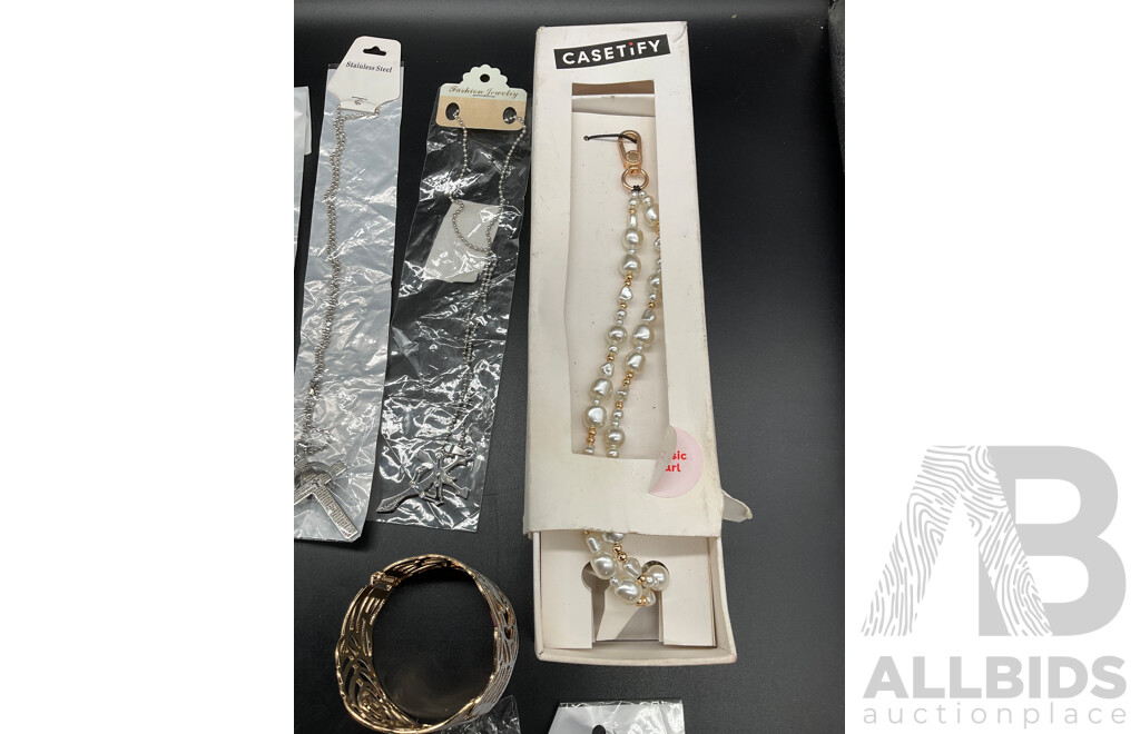 Assorted Costume Jewellery,  Phone Charm Strap, Stainless Steel Rings and Sterling Silver Bracelets - Lot of 23