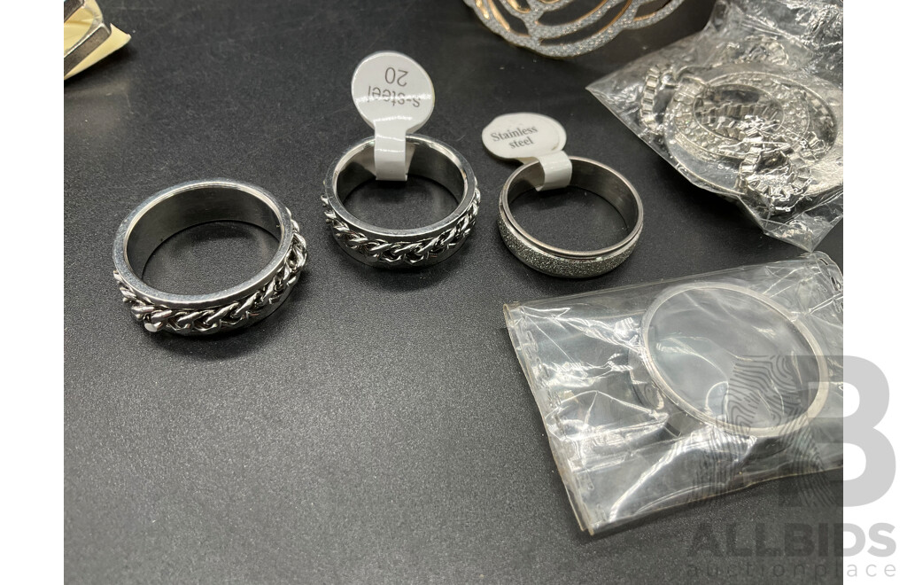Assorted Costume Jewellery,  Phone Charm Strap, Stainless Steel Rings and Sterling Silver Bracelets - Lot of 23