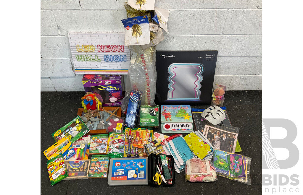 Assorted Party Goods, Arts and Crafts Items, Xmass Lights and More