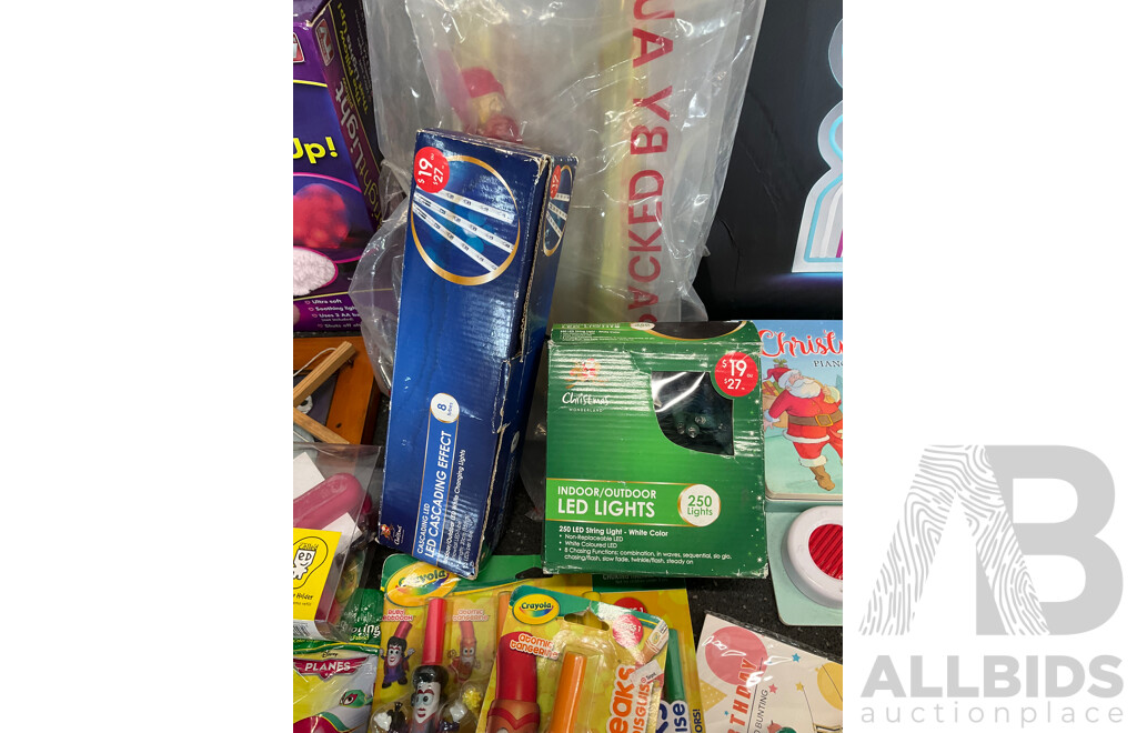 Assorted Party Goods, Arts and Crafts Items, Xmass Lights and More