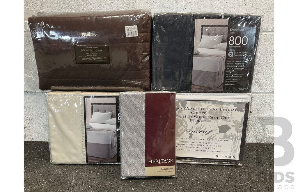 Assorted QUEEN and KING  Sheet Sets, QUEEN Quilted Valance and Europian Pillowcae - Lot of 5