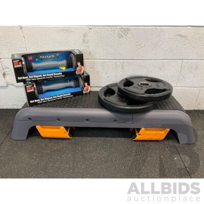Multifunctional Aerobic Step Fitness Stepper, Shake Weight Strength (x2) and Set of Rubber Coated Weight Plate (25lb,35lb) - Lot of 5