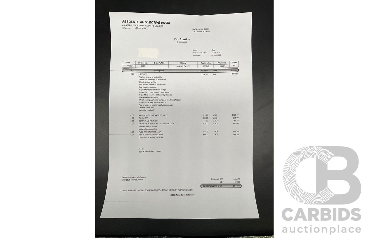 08/2016 Jaguar F-Pace 30d Portfolio (AWD) 4d Wagon Glacier White Metallic Turbo Diesel V6 3.0L