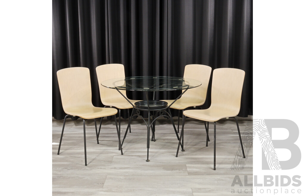 Modern Metal Based Glass Top Table with Four Bent Ply Chairs