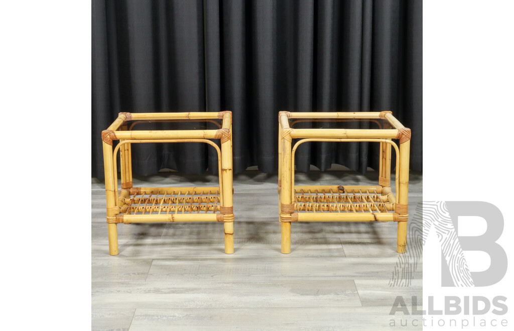 Pair of Vintage Cane Side Tables with Glass Tops