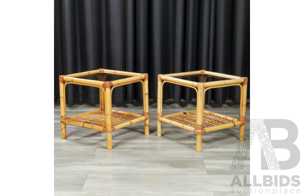 Pair of Vintage Cane Side Tables with Glass Tops