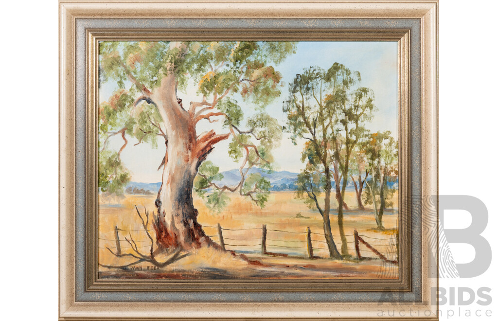 Dawn O' Dea, (20th Century, Australian, 1931-1977), Landcape - Outback Gumtree with Blue Mountains, Wonderful Original Vintage Oil on Canvas, 53 x 63 cm (frame)