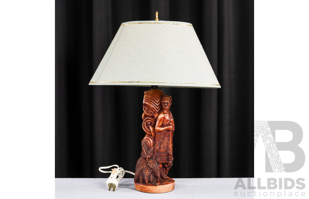 Carved Composite Maori Warrior Figural Table Lamp