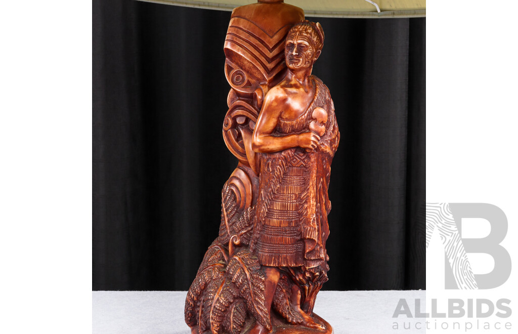 Carved Composite Maori Warrior Figural Table Lamp