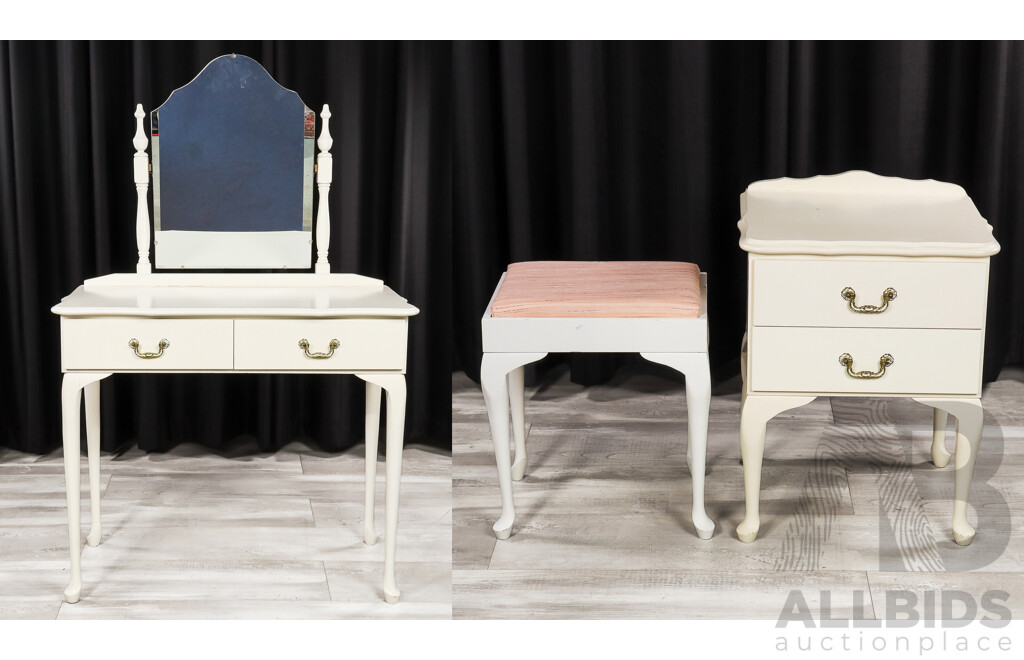 Painted Queen Anne Style Mirrored Back Dresser, Stool and Bedside