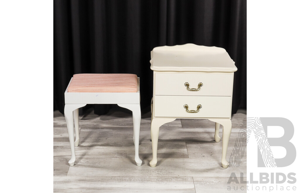 Painted Queen Anne Style Mirrored Back Dresser, Stool and Bedside