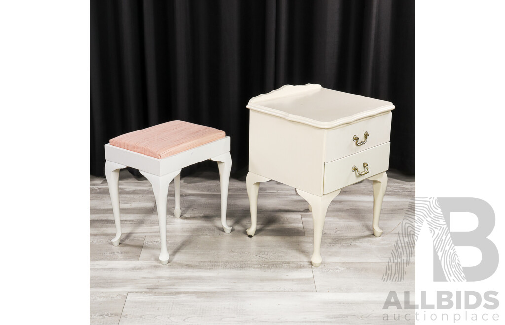 Painted Queen Anne Style Mirrored Back Dresser, Stool and Bedside