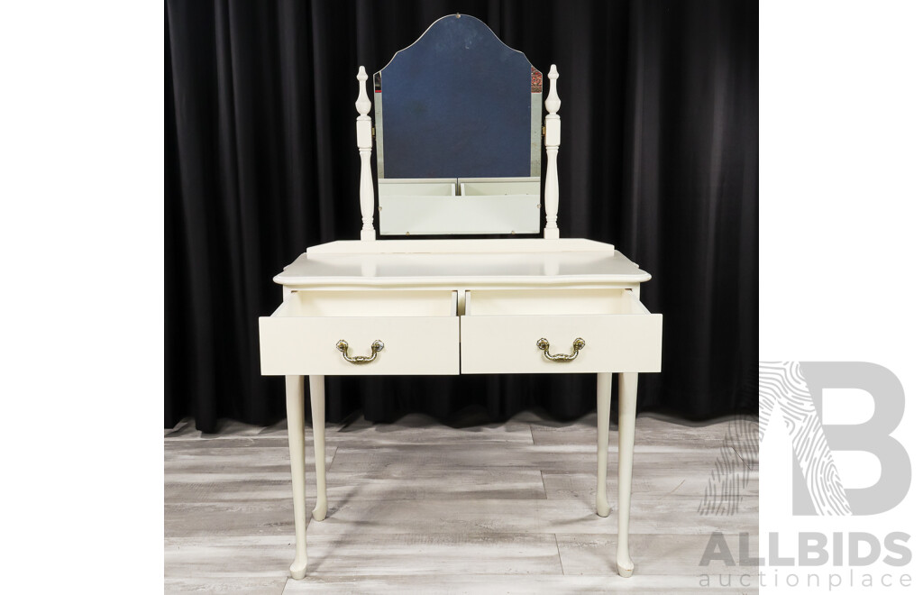 Painted Queen Anne Style Mirrored Back Dresser, Stool and Bedside