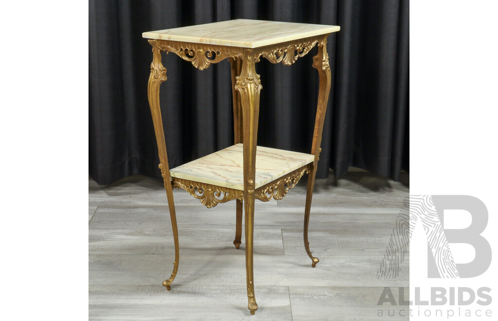 Travertine Top Two Tier Side Table with Ornate Brass Base