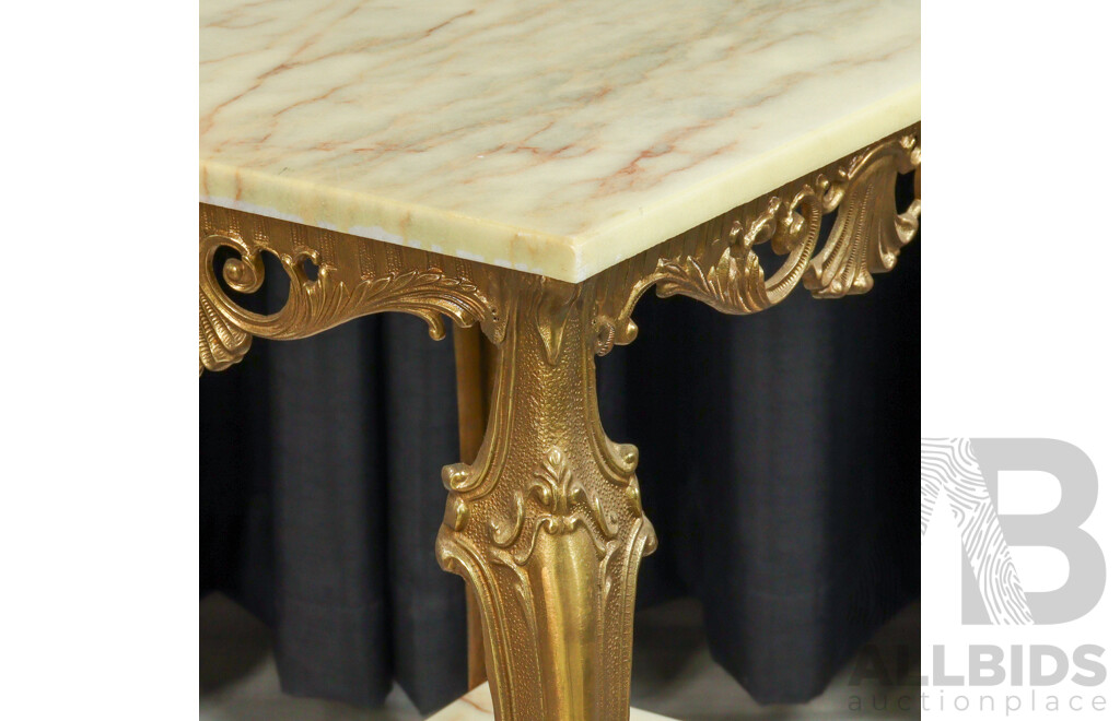 Travertine Top Two Tier Side Table with Ornate Brass Base