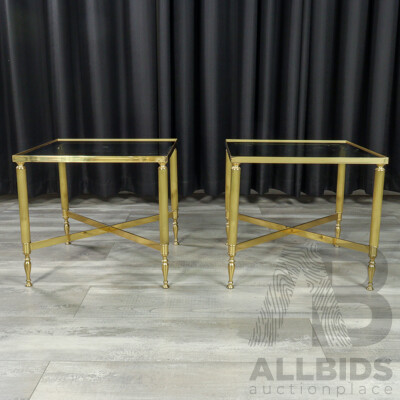 Pair of Regency Style Brass Side Tables with Glass Tops