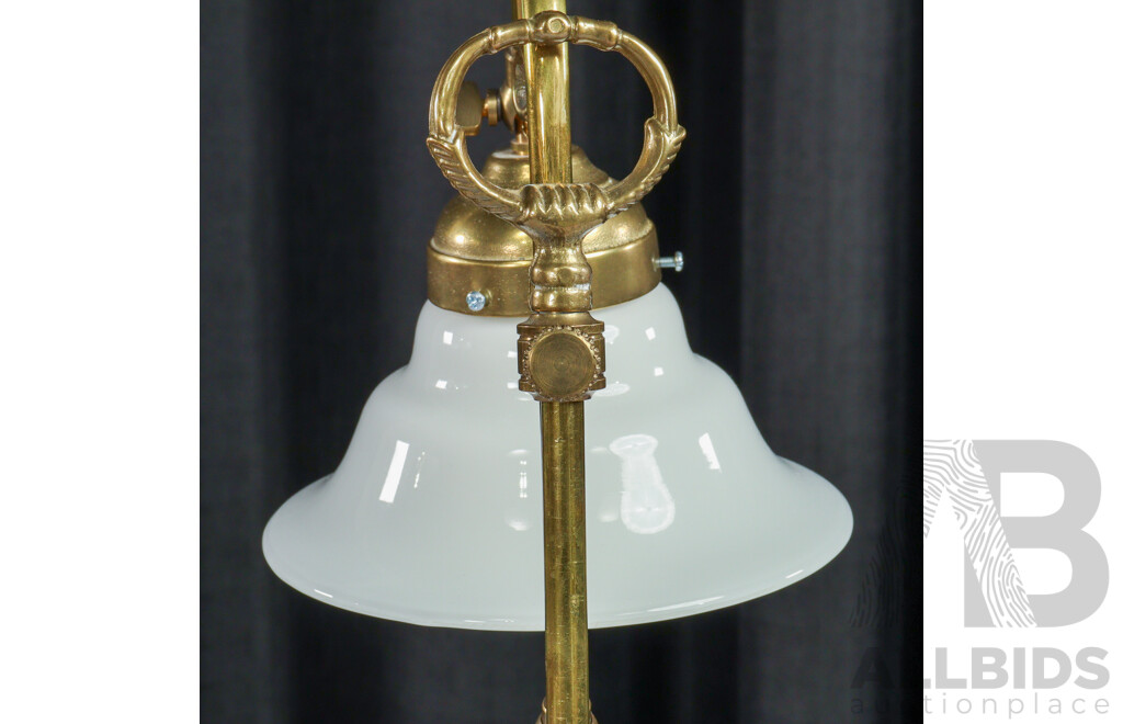 Vintage Brass Table Lamp with Hanging Milk Glass Shade