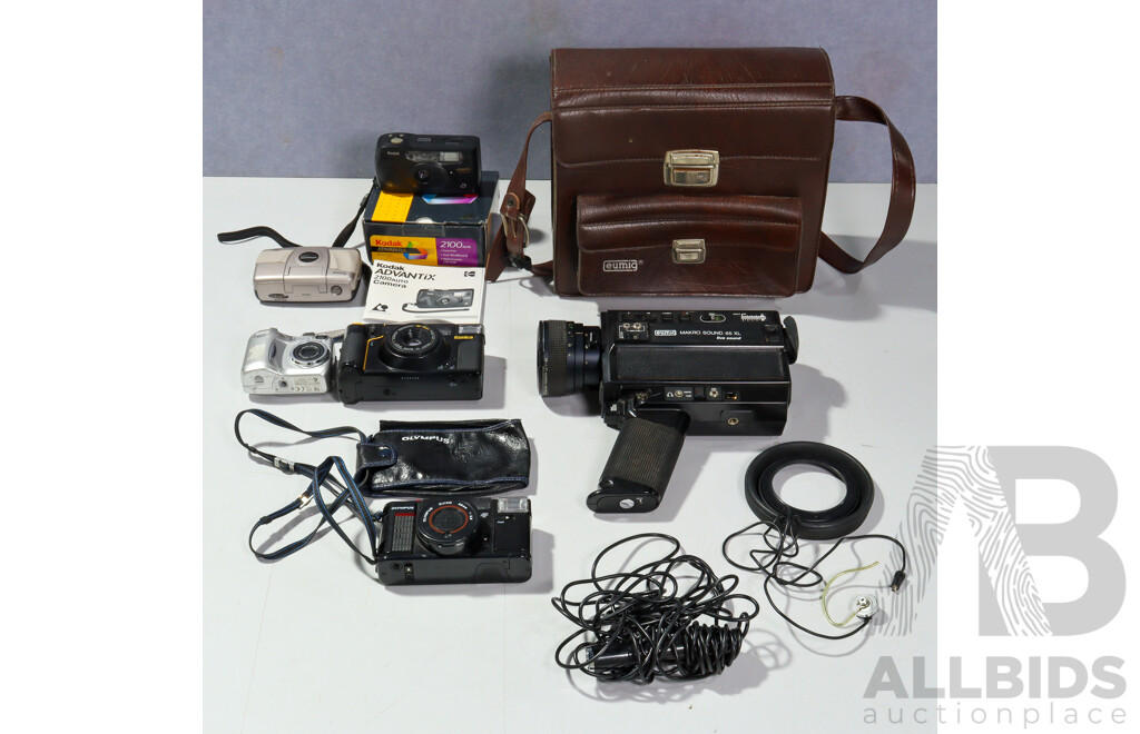 Collection Cameras Including Eumig Live Sound FIlm Camera in Bag, Kodak Advantix 2100 Auto in Box and More