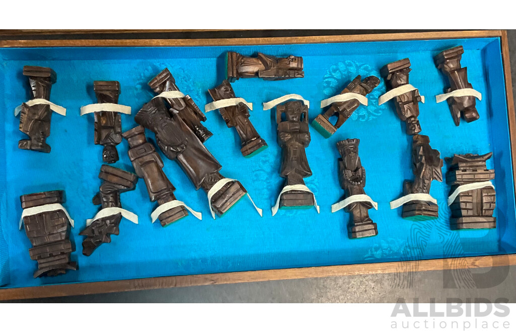 Vintage Asian Chinese Warrior Wood Chess Set in Box