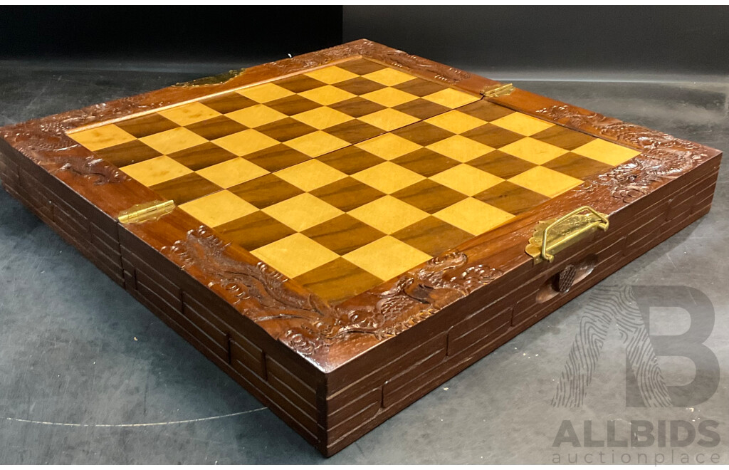 Vintage Asian Chinese Warrior Wood Chess Set in Box