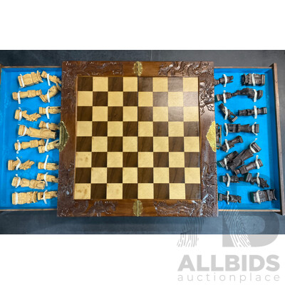 Vintage Asian Chinese Warrior Wood Chess Set in Box
