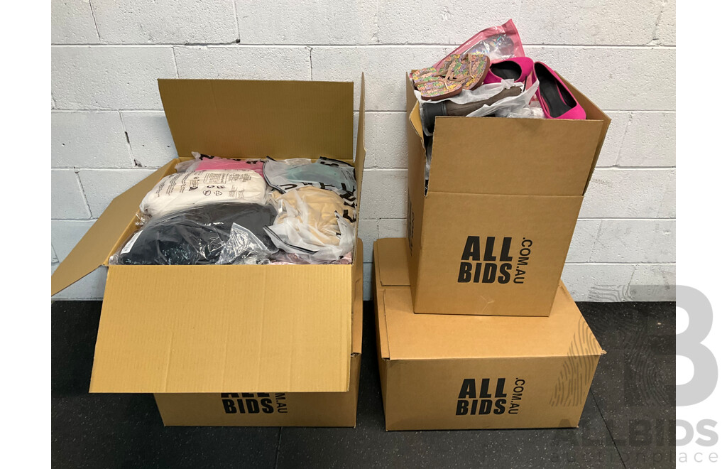 Assorted Clothing and Shoes - 4 Large Boxes