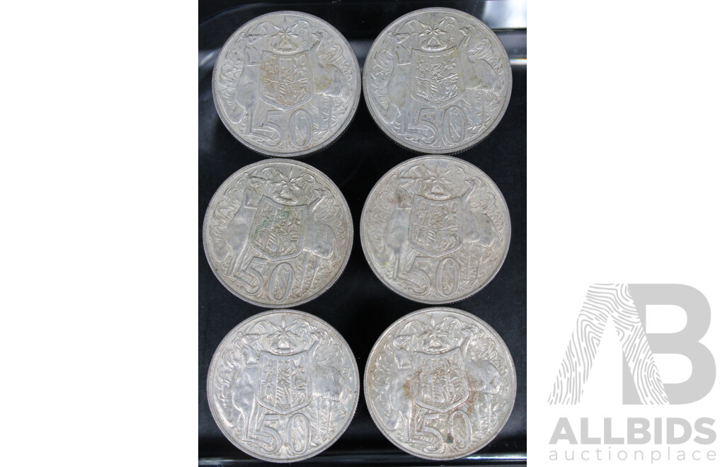 Six Australian 1966 Round Silver Fifty Cent Coins .800