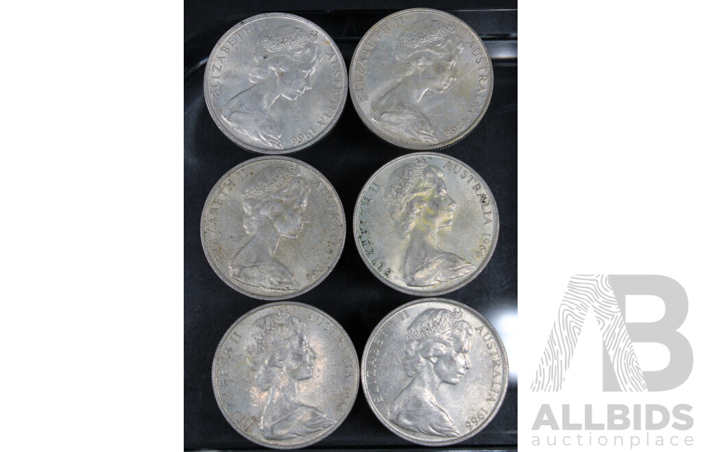 Six Australian 1966 Round Silver Fifty Cent Coins .800