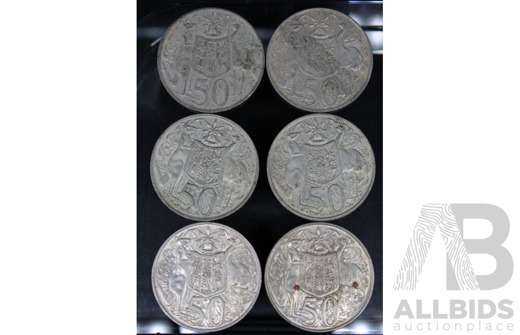 Six Australian 1966 Round Silver Fifty Cent Coins .800