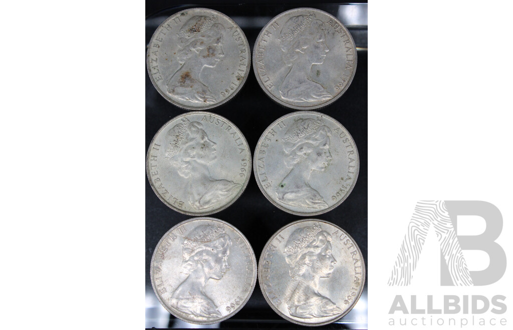 Six Australian 1966 Round Silver Fifty Cent Coins .800
