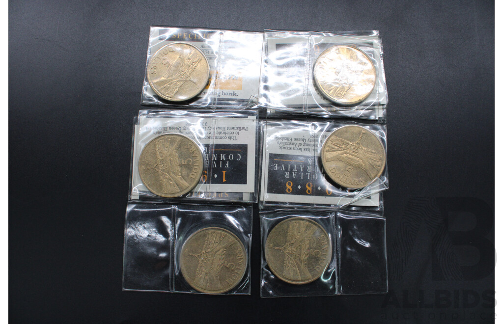 Six 1988 Five Dollar Commemorative Coins