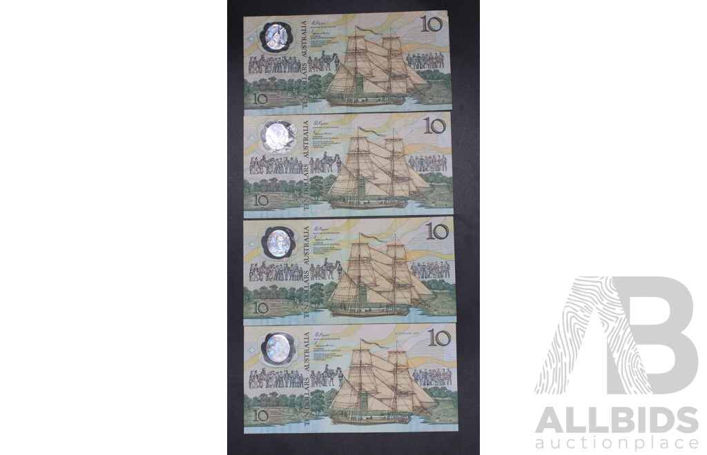 Four Australian 1988 Ten Dollar Notes, Johnston/Fraser Bicentennial AA/AB
