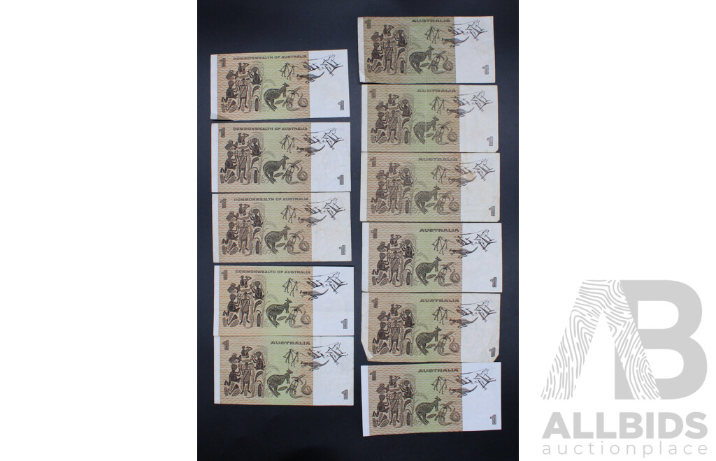 Eleven Australian One Dollar Note Including Three 1979 Knight/Stone and Three 1982 Johnston/Stone and 1968,1969,1972,1976
