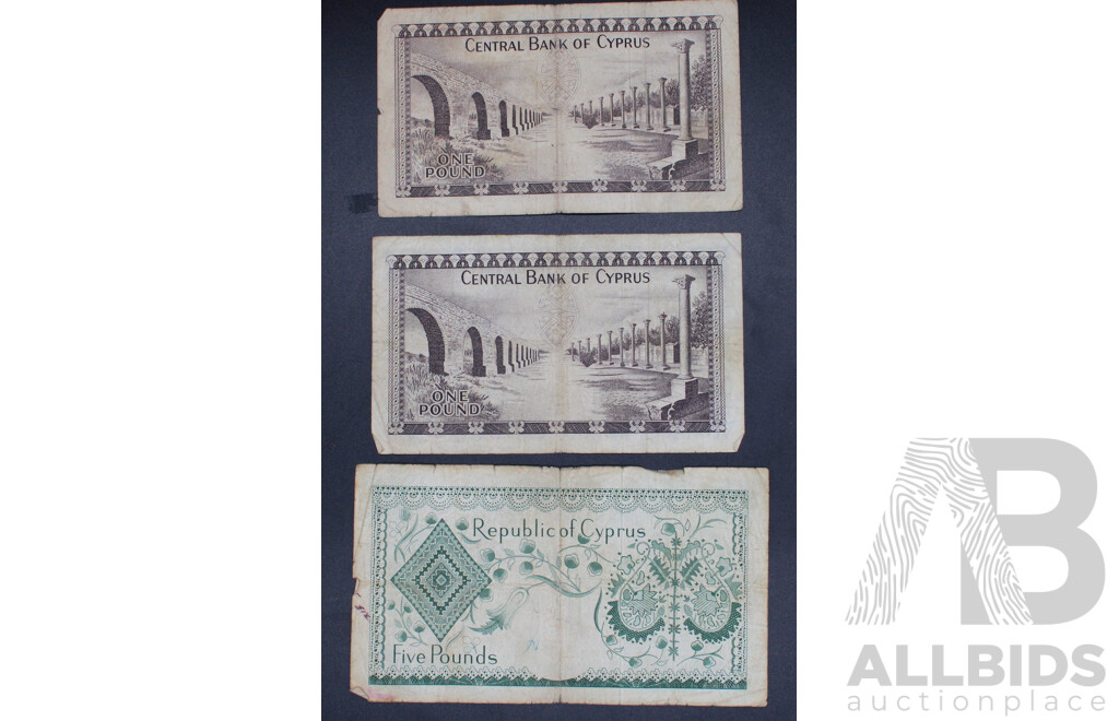1961,1968 Two Central Bank of Cyprus One Pound & 1962 Republic of Cyprus Five Pounds