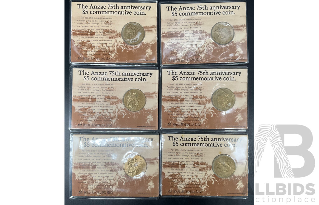 Six RAM 1990 the Anzac 75th Anniversary Five Dollar Commemorative Coins