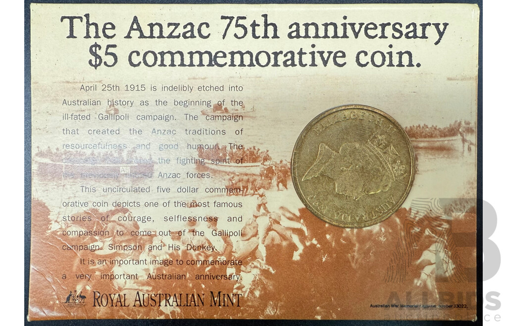 Six RAM 1990 the Anzac 75th Anniversary Five Dollar Commemorative Coins
