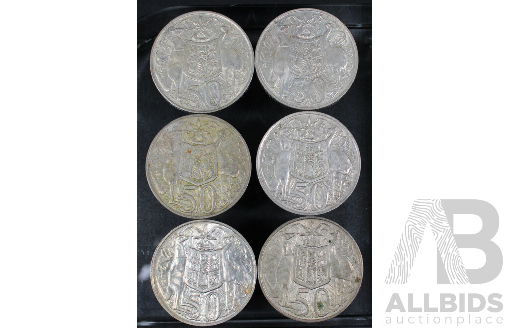 Six Australian 1966 Round Silver Fifty Cent Coins .800