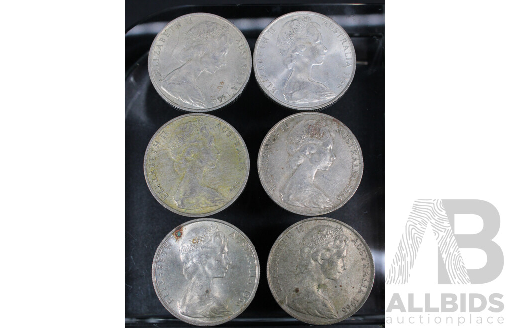 Six Australian 1966 Round Silver Fifty Cent Coins .800
