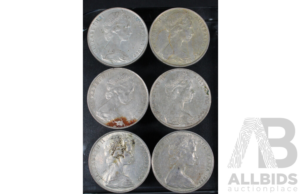 Six Australian 1966 Round Silver Fifty Cent Coins .800