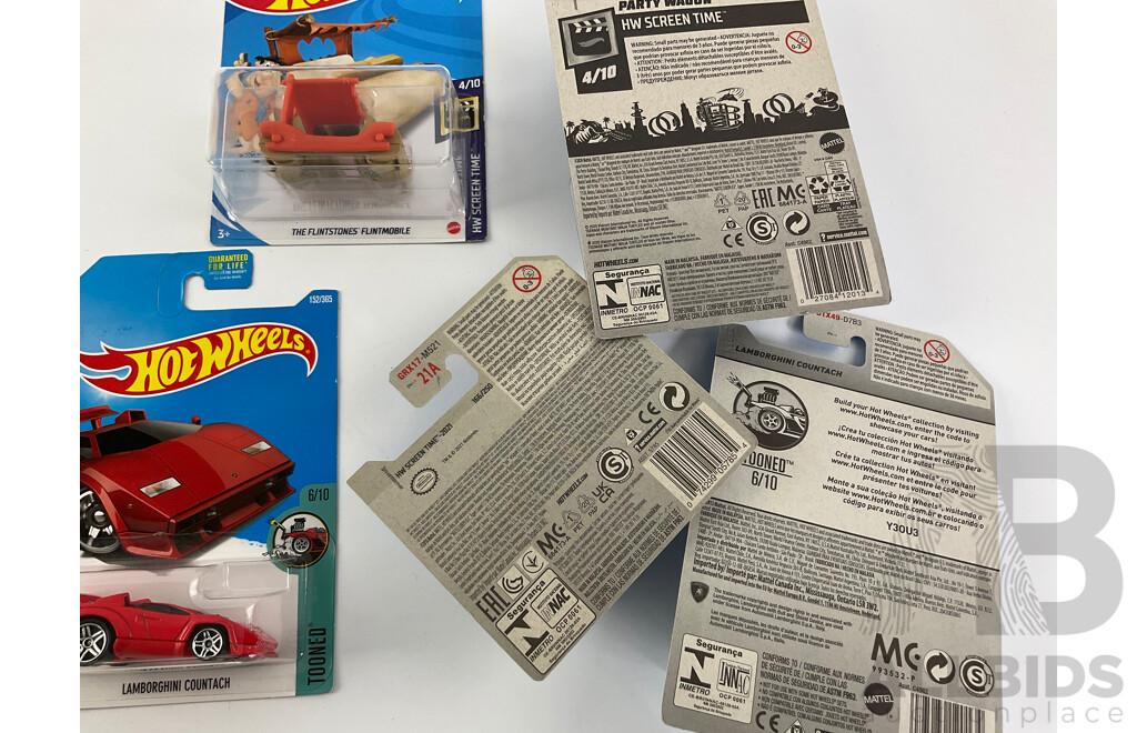 Five Boxed Hot Wheels Vehicles Including Lamborghini, Mario Cart, Mutant Turtles Party Wagon, Flintstones Flintmobile