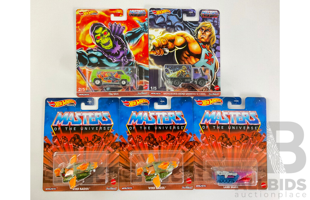 Boxed Hot Wheels Masters of the Universe Mercedes Unimog, 1970's Van, Land Shark and Wind Raider(2)
