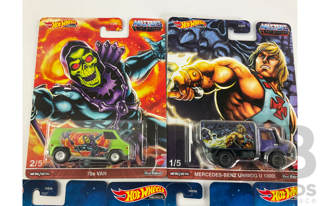 Boxed Hot Wheels Masters of the Universe Mercedes Unimog, 1970's Van, Land Shark and Wind Raider(2)