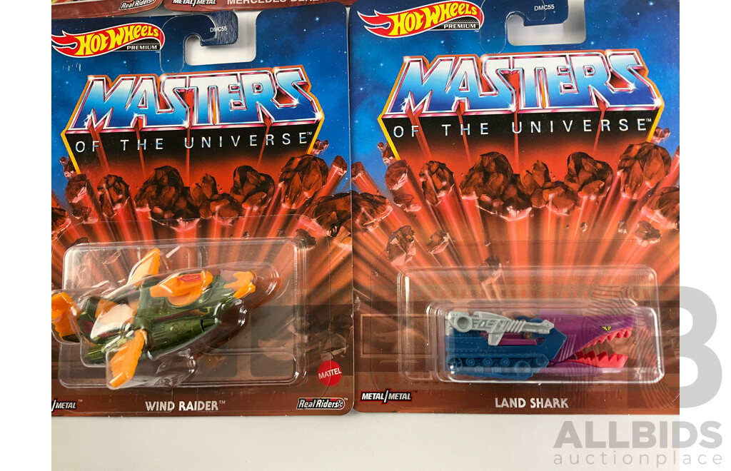 Boxed Hot Wheels Masters of the Universe Mercedes Unimog, 1970's Van, Land Shark and Wind Raider(2)