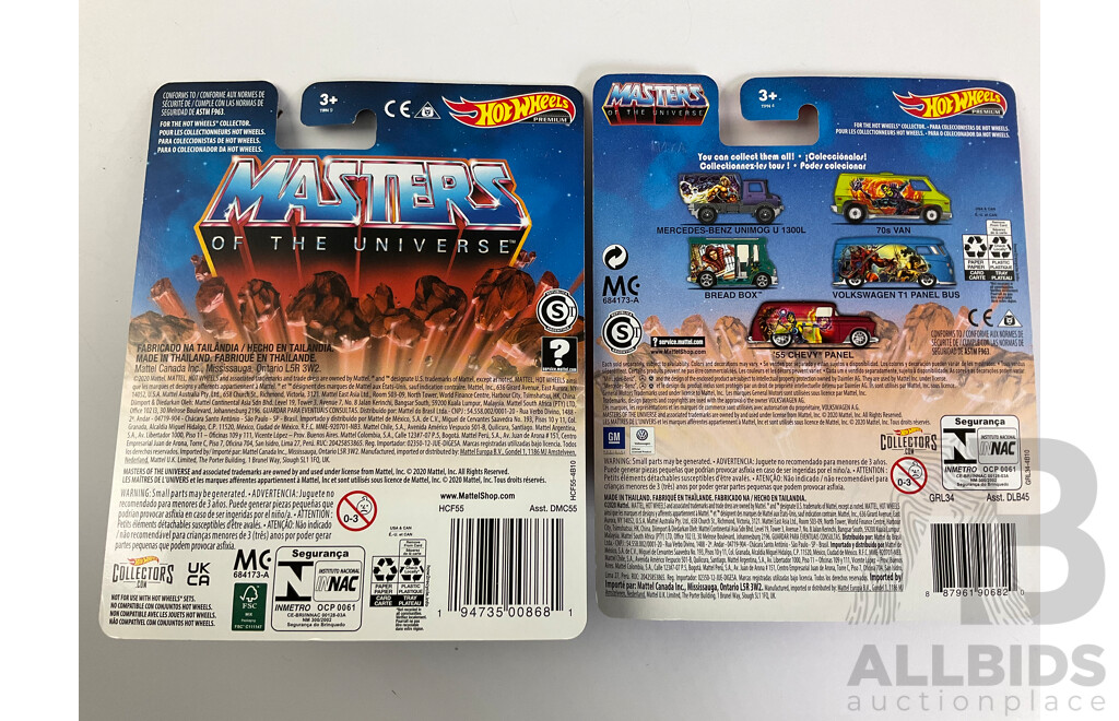 Boxed Hot Wheels Masters of the Universe Mercedes Unimog, 1970's Van, Land Shark and Wind Raider(2)
