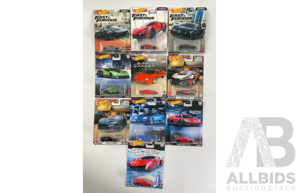 Ten Boxed Hot Wheels Sports Cars Including Bugatti, McLaren, Koenigsegg, Lykan, Lamborghini, Acura
