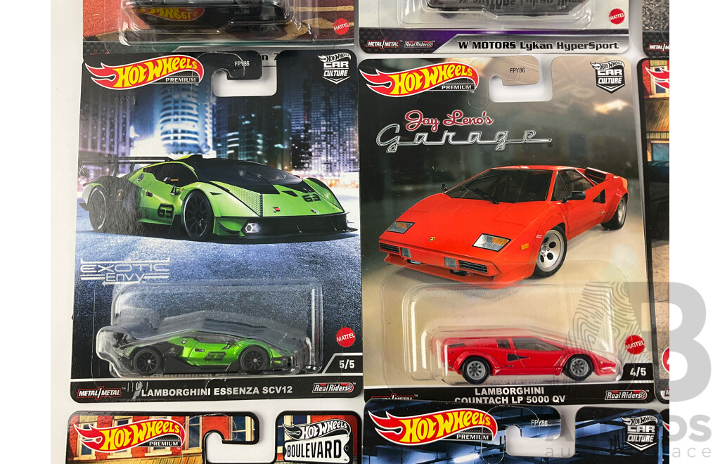 Ten Boxed Hot Wheels Sports Cars Including Bugatti, McLaren, Koenigsegg, Lykan, Lamborghini, Acura