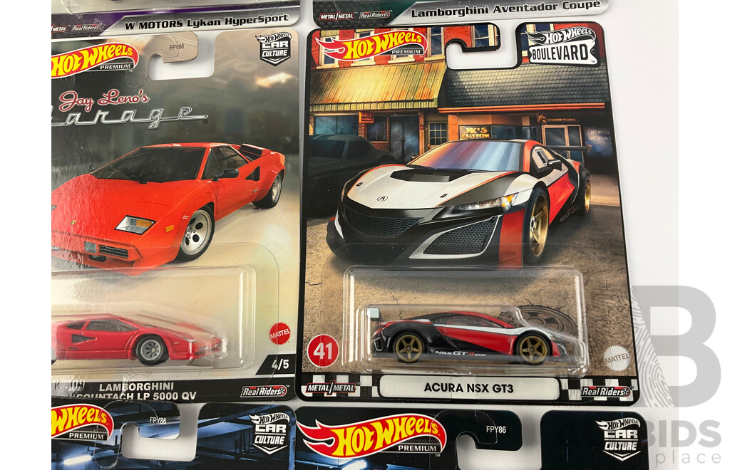 Ten Boxed Hot Wheels Sports Cars Including Bugatti, McLaren, Koenigsegg, Lykan, Lamborghini, Acura