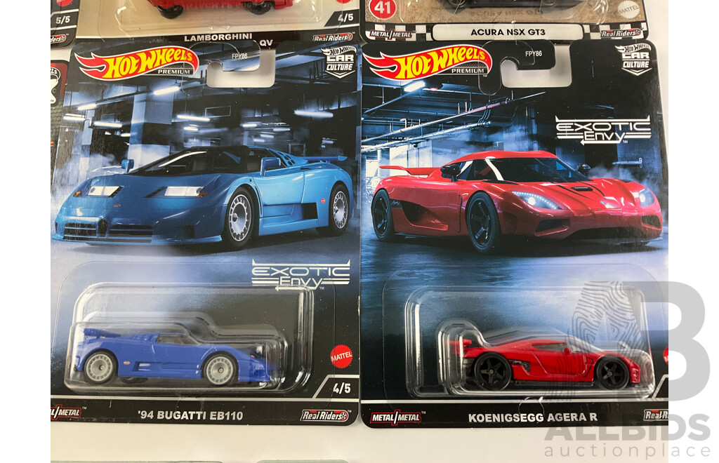 Ten Boxed Hot Wheels Sports Cars Including Bugatti, McLaren, Koenigsegg, Lykan, Lamborghini, Acura