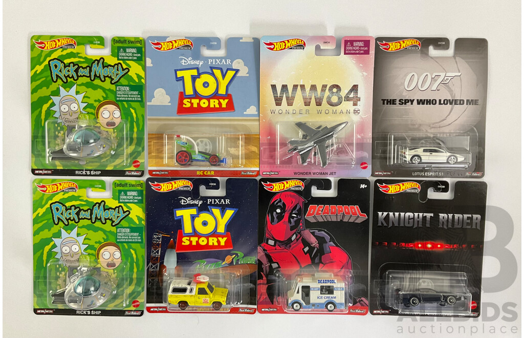 Eight Boxed Hot Wheels Movie/Television Themed Vehicles Including Rick and Morty, Wonder Woman, Toy Story, Knight Rider, James Bond, Deadpool